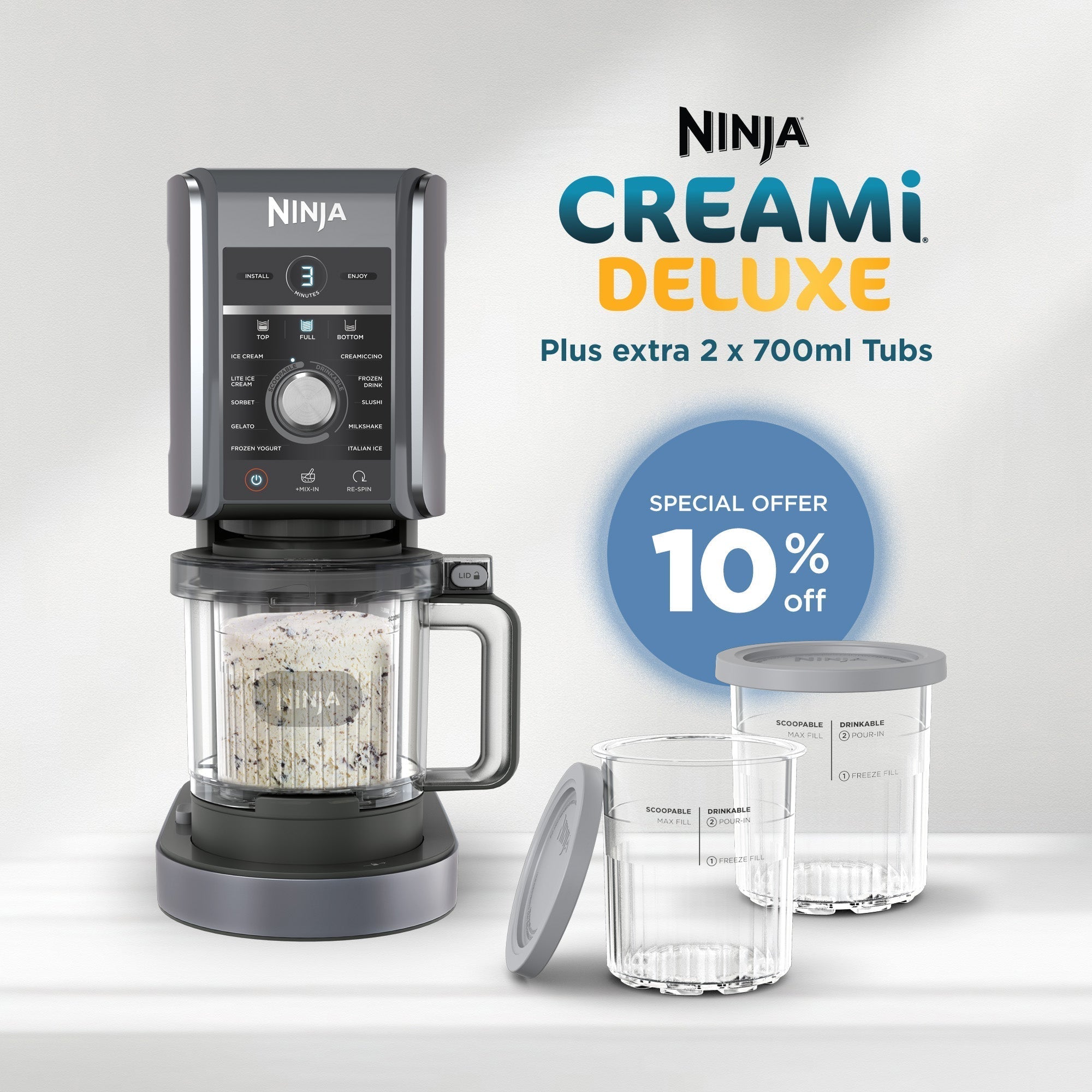 Ninja CREAMi Deluxe 11-in-1 Ice Cream and Frozen Treat Maker Plus Extra 2 x 700ml Tubs