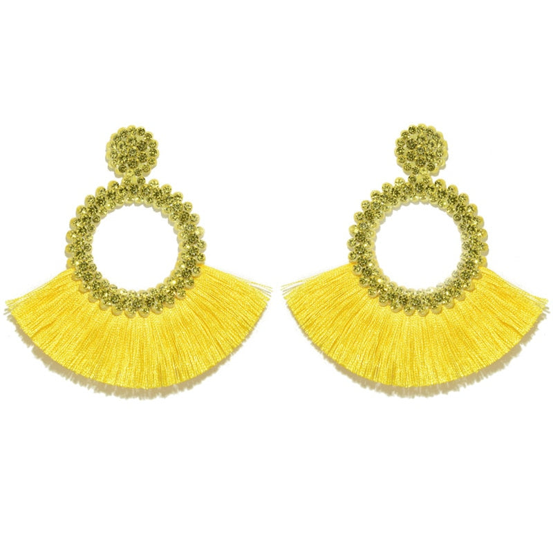 Fan Shaped Fashion Bohemian Big Tassel Drop Earrings w/ Hollow Gold Circle