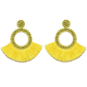 Fan Shaped Fashion Bohemian Big Tassel Drop Earrings w/ Hollow Gold Circle