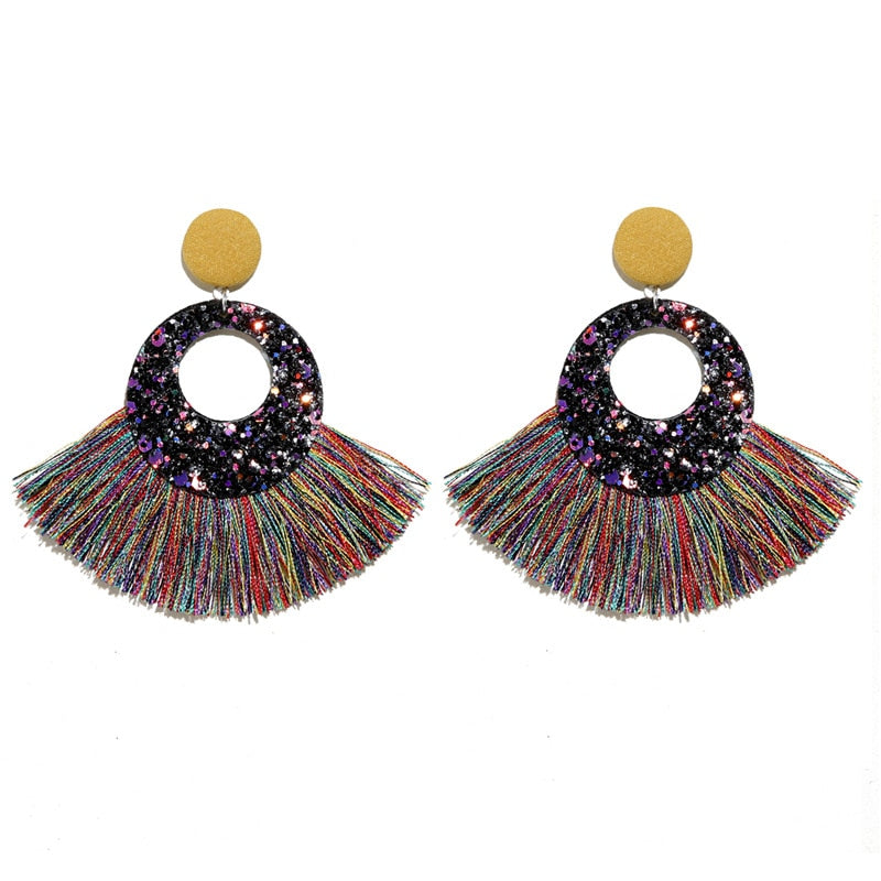 Fan Shaped Fashion Bohemian Big Tassel Drop Earrings w/ Hollow Gold Circle