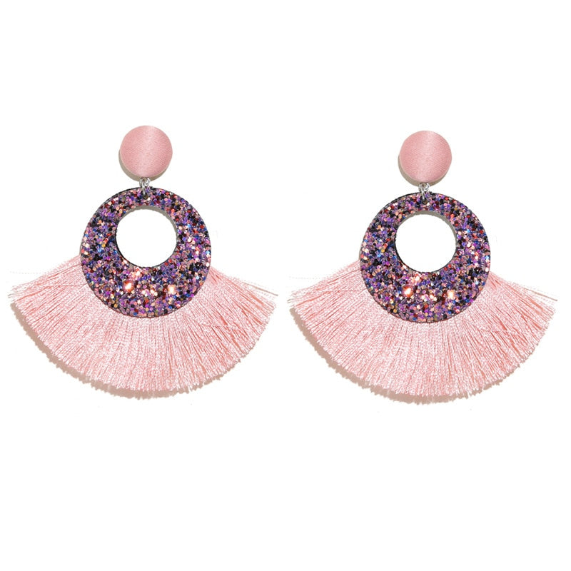 Fan Shaped Fashion Bohemian Big Tassel Drop Earrings w/ Hollow Gold Circle