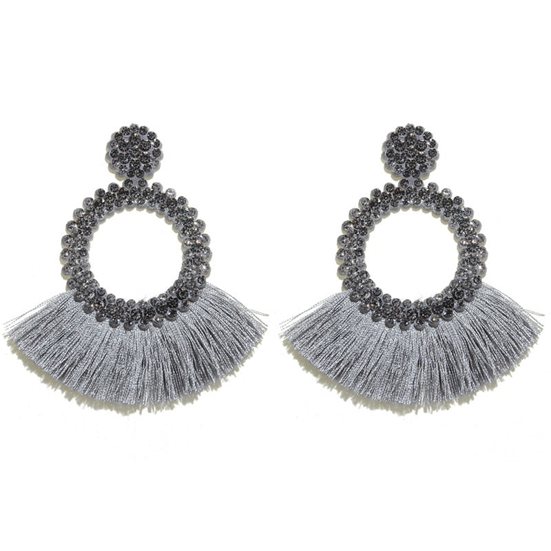 Fan Shaped Fashion Bohemian Big Tassel Drop Earrings w/ Hollow Gold Circle