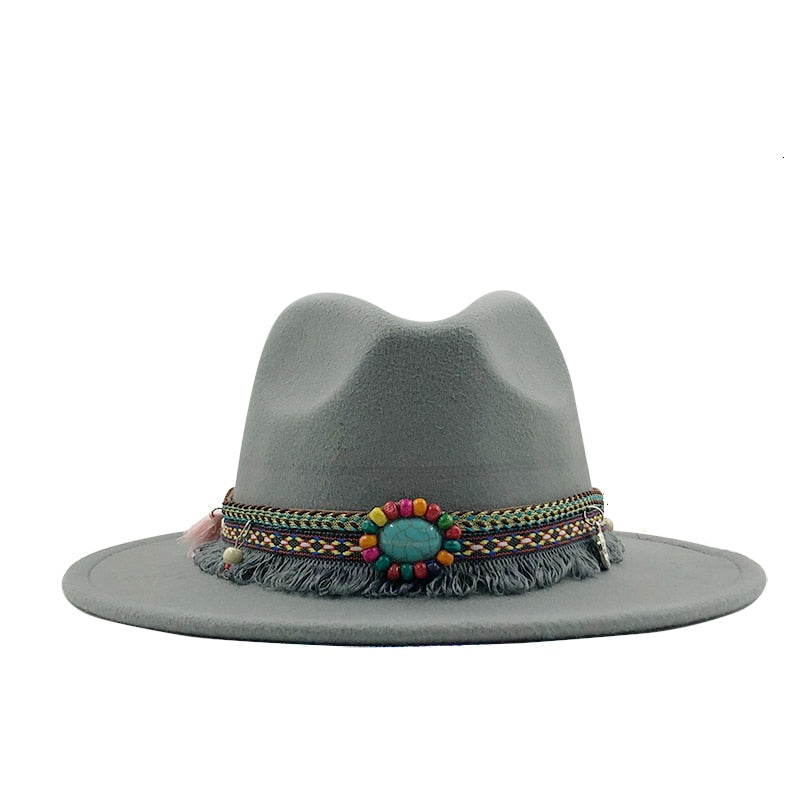 Wool Felt Fedora with Bohemian Tassel Strap - Men's Hat