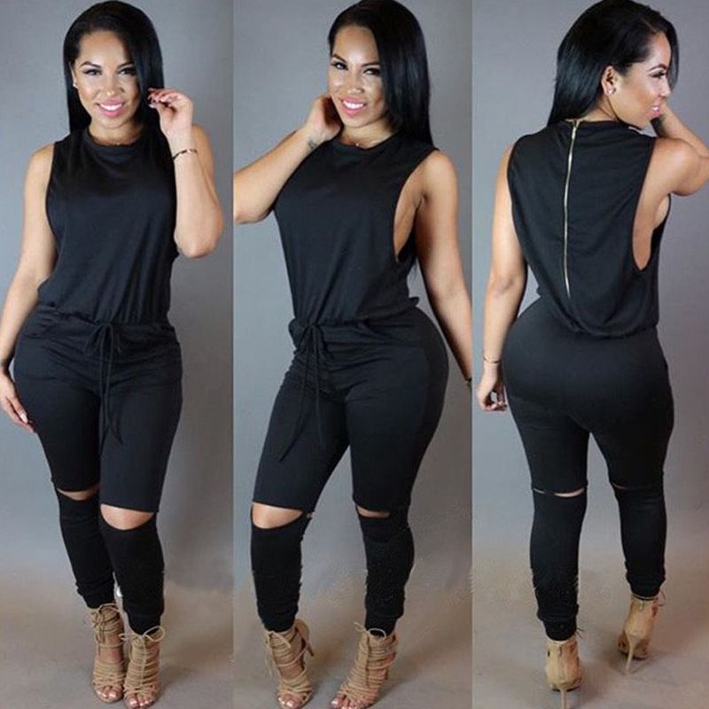 Women's Zipper Romper - Sexy Ripped Pant Jumpsuit