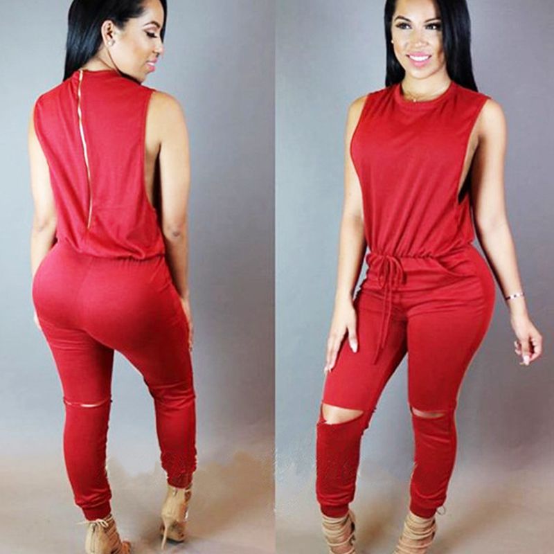 Women's Zipper Romper - Sexy Ripped Pant Jumpsuit