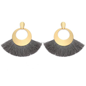 Fan Shaped Fashion Bohemian Big Tassel Drop Earrings w/ Hollow Gold Circle