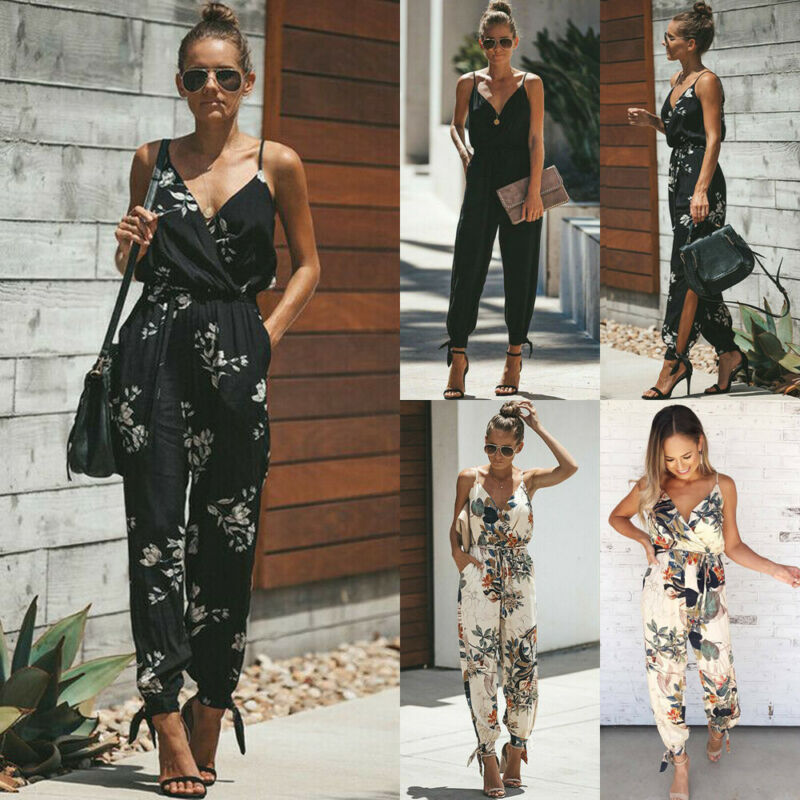 Women's Floral Side Split & Ankle Strap Pant Romper