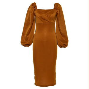 Puffed Sleeved Classy Dress - Women's Midi Dress