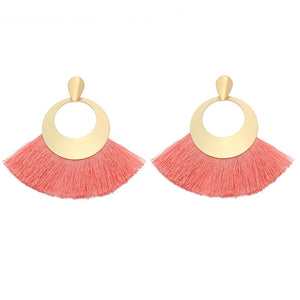 Fan Shaped Fashion Bohemian Big Tassel Drop Earrings w/ Hollow Gold Circle