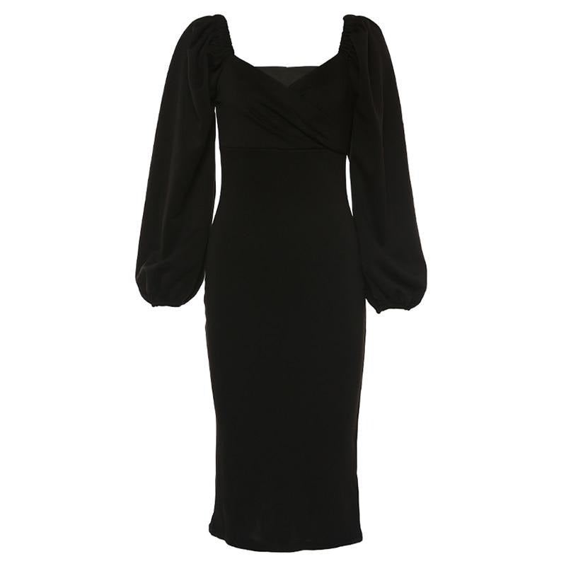 Puffed Sleeved Classy Dress - Women's Midi Dress