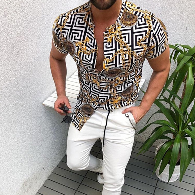 Hawaiian Ethnic Printed Short Sleeve Shirt - Men's Shirt