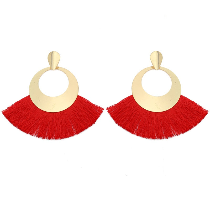 Fan Shaped Fashion Bohemian Big Tassel Drop Earrings w/ Hollow Gold Circle