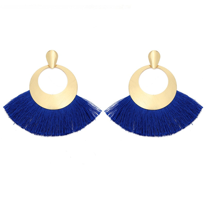 Fan Shaped Fashion Bohemian Big Tassel Drop Earrings w/ Hollow Gold Circle