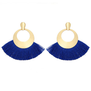 Fan Shaped Fashion Bohemian Big Tassel Drop Earrings w/ Hollow Gold Circle