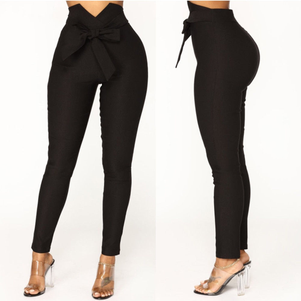 Women's High Waist Bow Tie Slim Fit Pants - Sashes Pencil Trousers