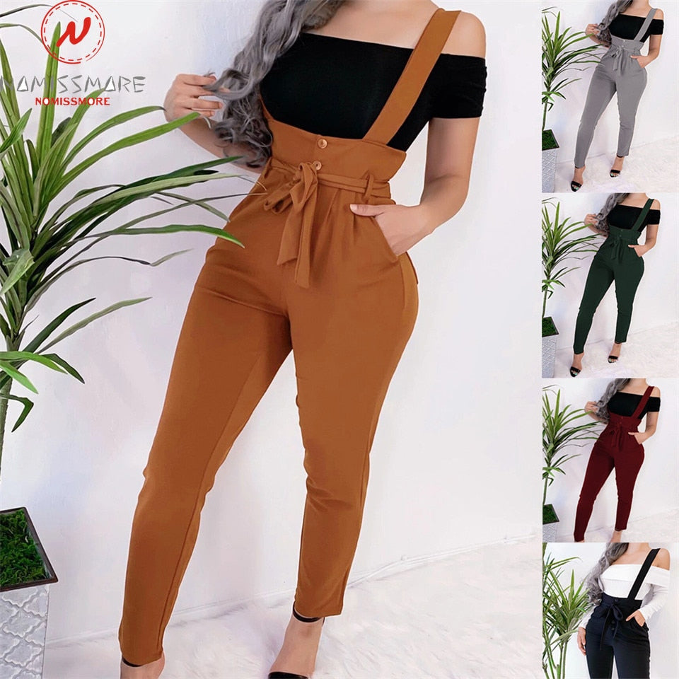 Shoulder Strap Buttoned Pants for Ladies