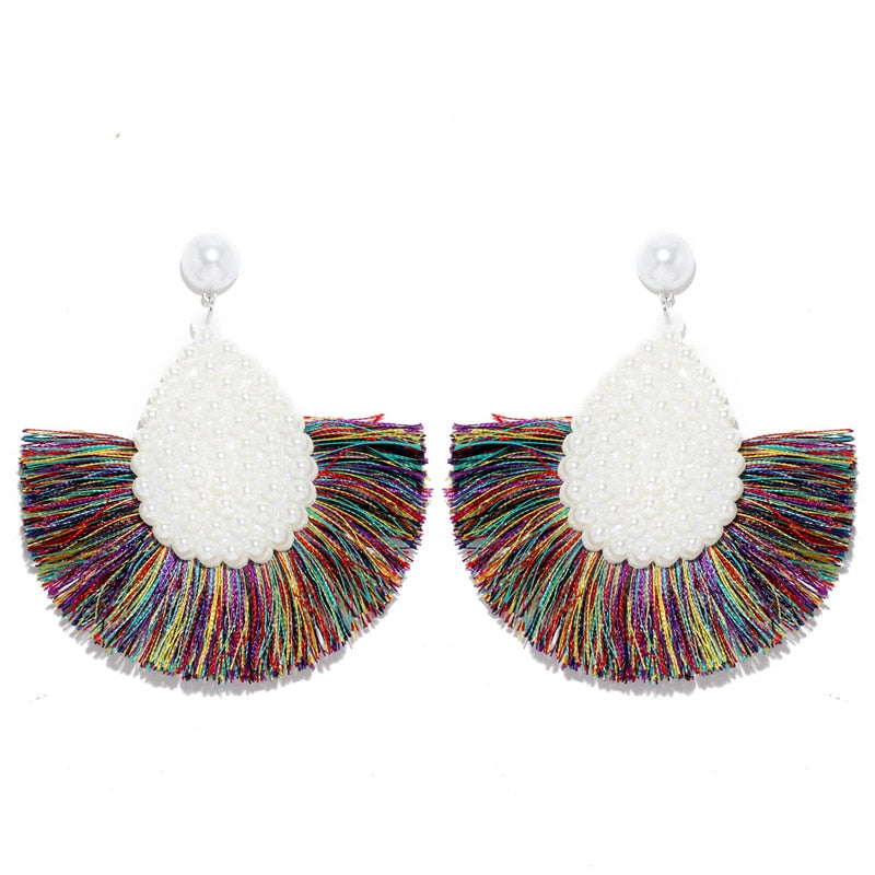 Fan Shaped Fashion Bohemian Big Tassel Drop Earrings w/ Hollow Gold Circle