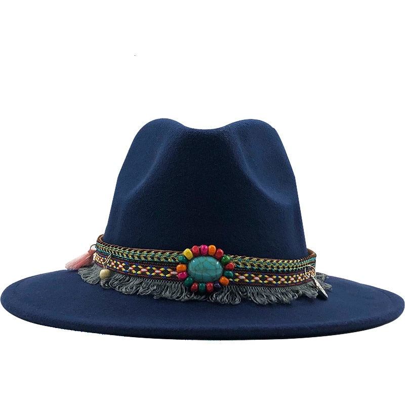 Wool Felt Fedora with Bohemian Tassel Strap - Men's Hat