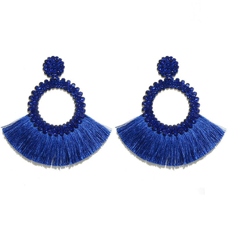 Fan Shaped Fashion Bohemian Big Tassel Drop Earrings w/ Hollow Gold Circle