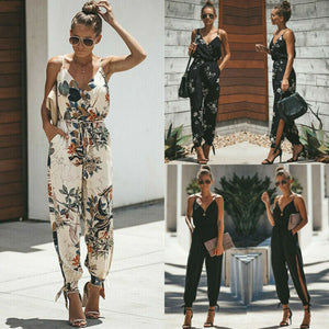 Women's Floral Side Split & Ankle Strap Pant Romper