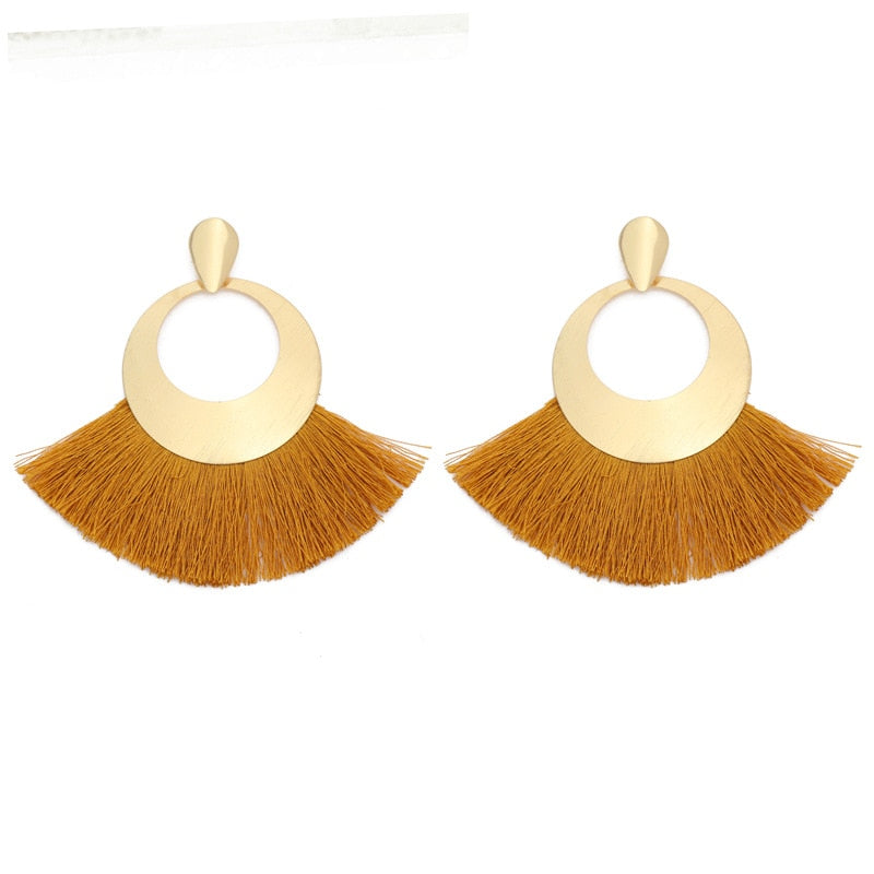 Fan Shaped Fashion Bohemian Big Tassel Drop Earrings w/ Hollow Gold Circle