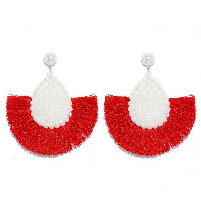 Fan Shaped Fashion Bohemian Big Tassel Drop Earrings w/ Hollow Gold Circle