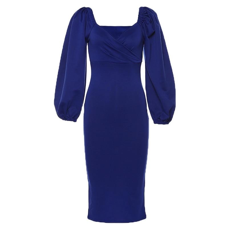 Puffed Sleeved Classy Dress - Women's Midi Dress