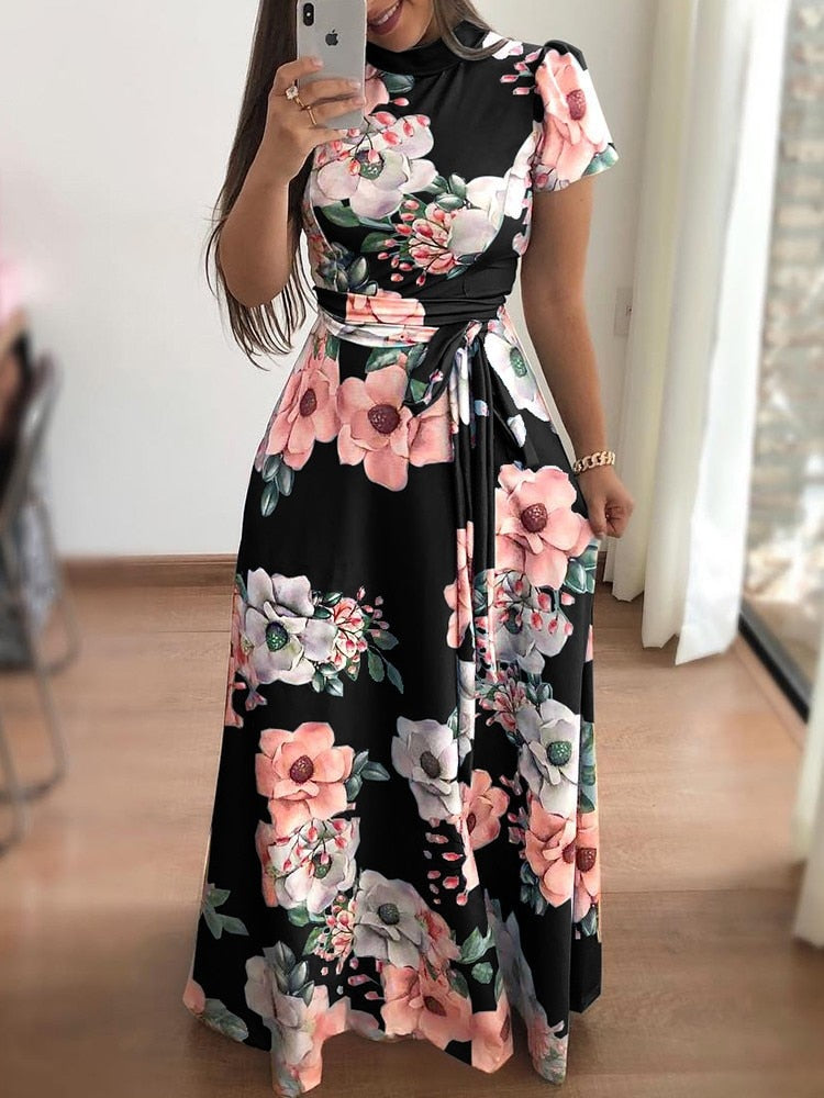 Women's Floral Long Dress - Turtleneck Dress