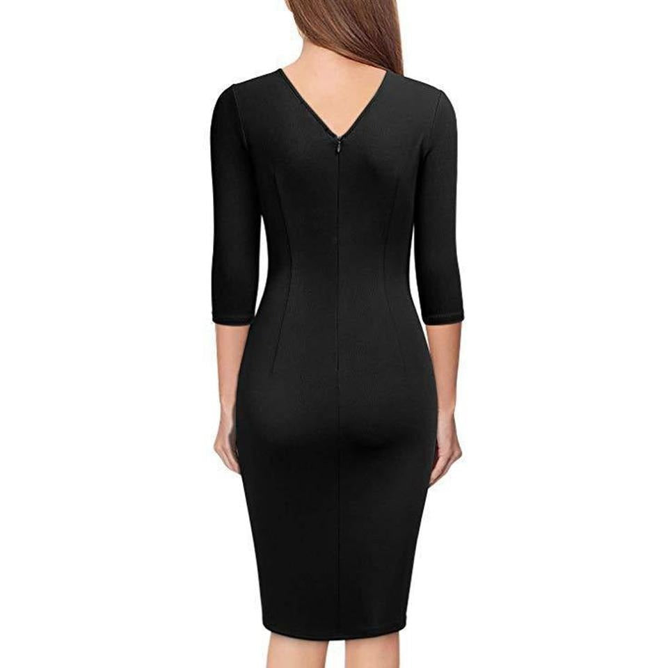 Classy Sleeved Slim Fit Dress-Women's V-neck Dresses