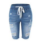 Load image into Gallery viewer, Summer Denim Ripped Shorts - Women&#39;s Blue Drawstring Closure Jean Shorts
