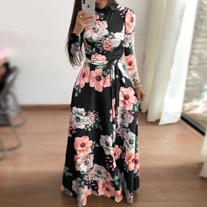 Women's Floral Long Dress - Turtleneck Dress