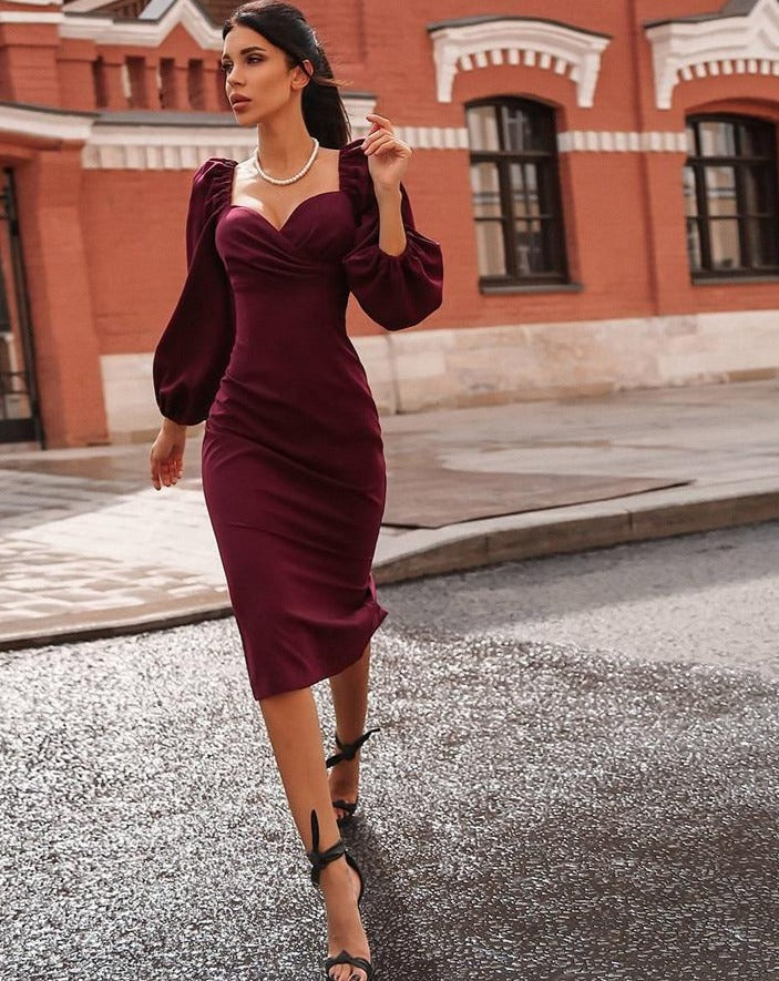 Puffed Sleeved Classy Dress - Women's Midi Dress