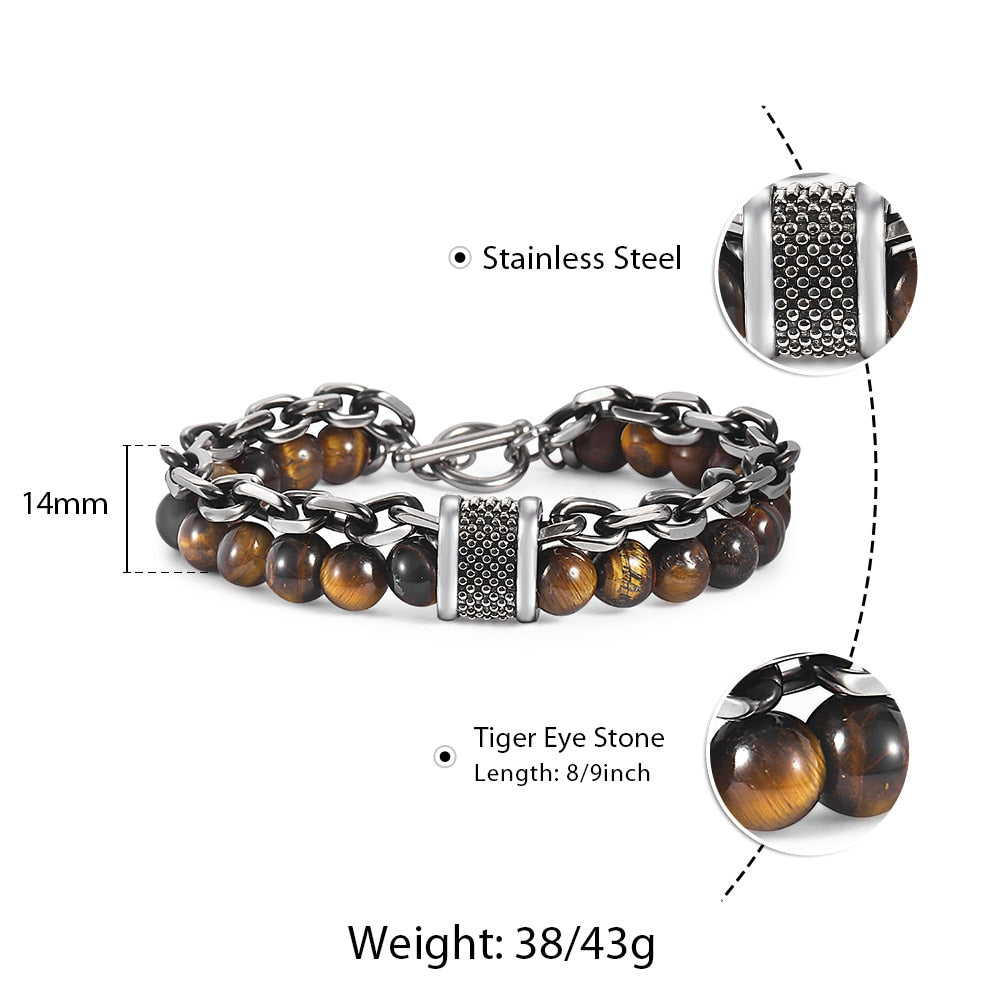 Natural Map Stone w/ Stainless Steel Men's Beaded Bracelet