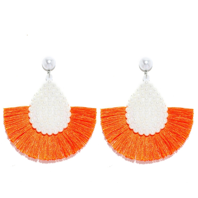 Fan Shaped Fashion Bohemian Big Tassel Drop Earrings w/ Hollow Gold Circle