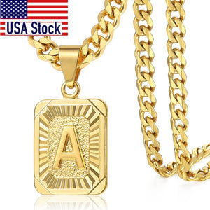 Classy A-Z Initial Pendant Gold Necklace for Women & Men w/ Cuban Link Chain