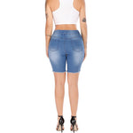 Load image into Gallery viewer, Summer Denim Ripped Shorts - Women&#39;s Blue Drawstring Closure Jean Shorts
