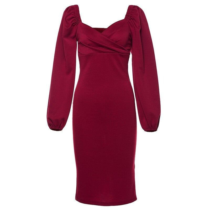 Puffed Sleeved Classy Dress - Women's Midi Dress