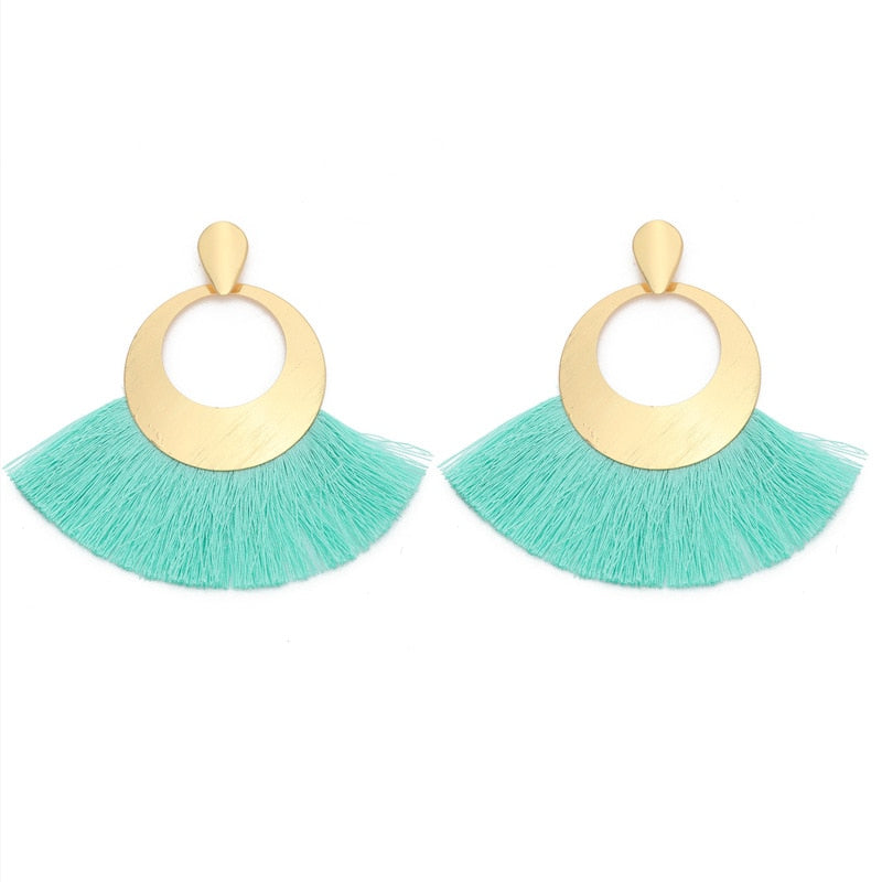 Fan Shaped Fashion Bohemian Big Tassel Drop Earrings w/ Hollow Gold Circle