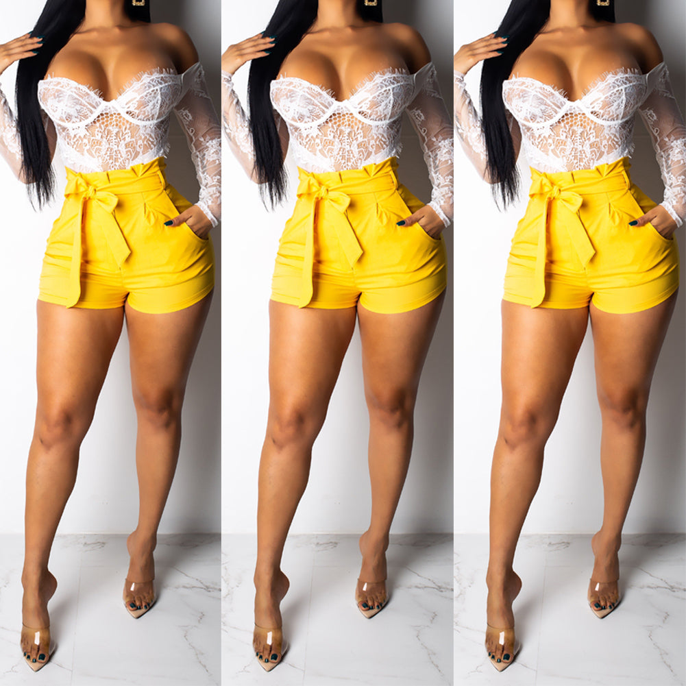 Women's High Waist Thick Thigh Shorts - Bow Tie Belt Shorts