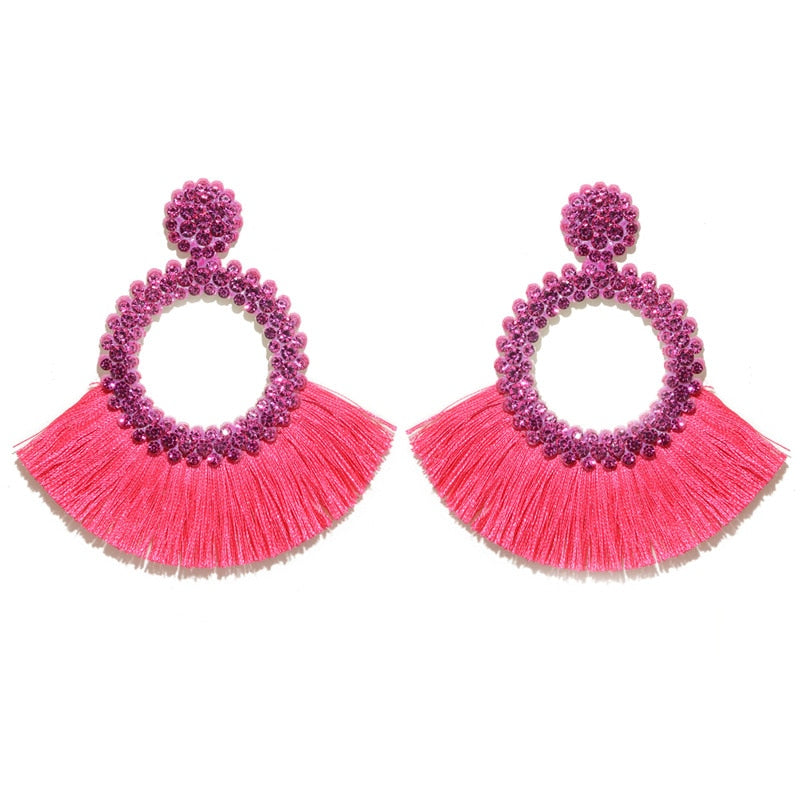 Fan Shaped Fashion Bohemian Big Tassel Drop Earrings w/ Hollow Gold Circle