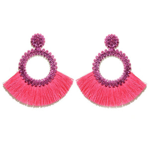 Fan Shaped Fashion Bohemian Big Tassel Drop Earrings w/ Hollow Gold Circle