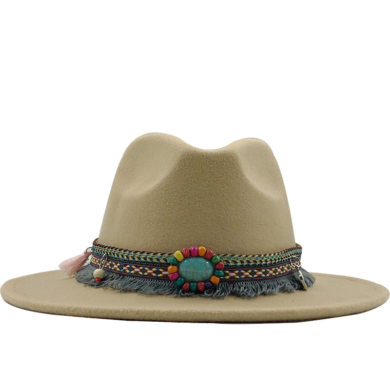 Wool Felt Fedora with Bohemian Tassel Strap - Men's Hat