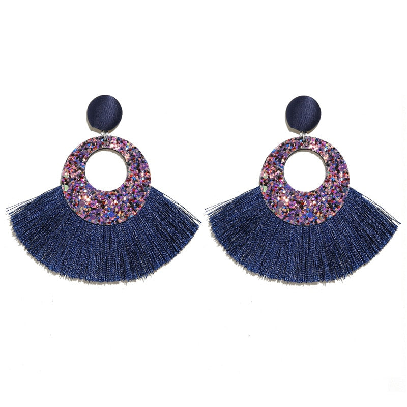 Fan Shaped Fashion Bohemian Big Tassel Drop Earrings w/ Hollow Gold Circle