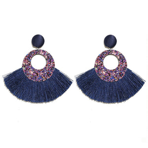 Fan Shaped Fashion Bohemian Big Tassel Drop Earrings w/ Hollow Gold Circle