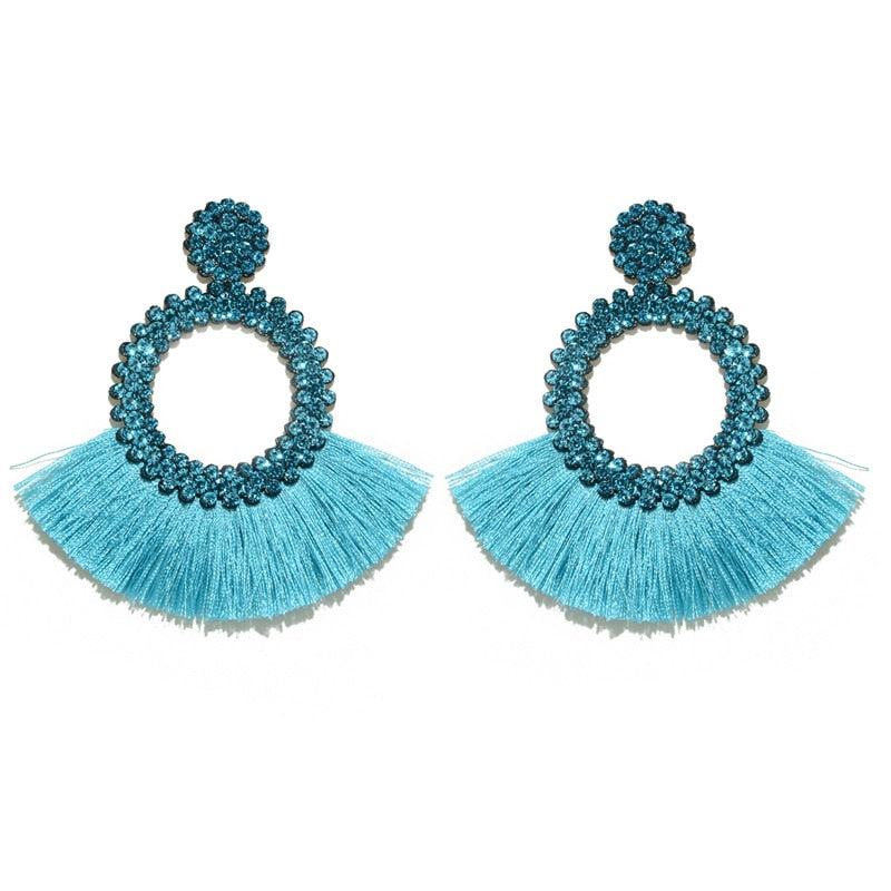 Fan Shaped Fashion Bohemian Big Tassel Drop Earrings w/ Hollow Gold Circle