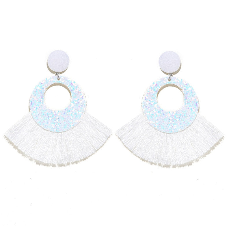 Fan Shaped Fashion Bohemian Big Tassel Drop Earrings w/ Hollow Gold Circle