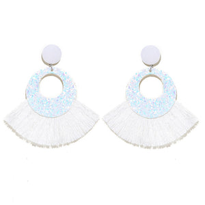 Fan Shaped Fashion Bohemian Big Tassel Drop Earrings w/ Hollow Gold Circle