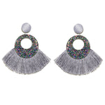 Load image into Gallery viewer, Fan Shaped Fashion Bohemian Big Tassel Drop Earrings w/ Hollow Gold Circle
