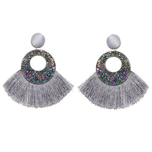 Fan Shaped Fashion Bohemian Big Tassel Drop Earrings w/ Hollow Gold Circle