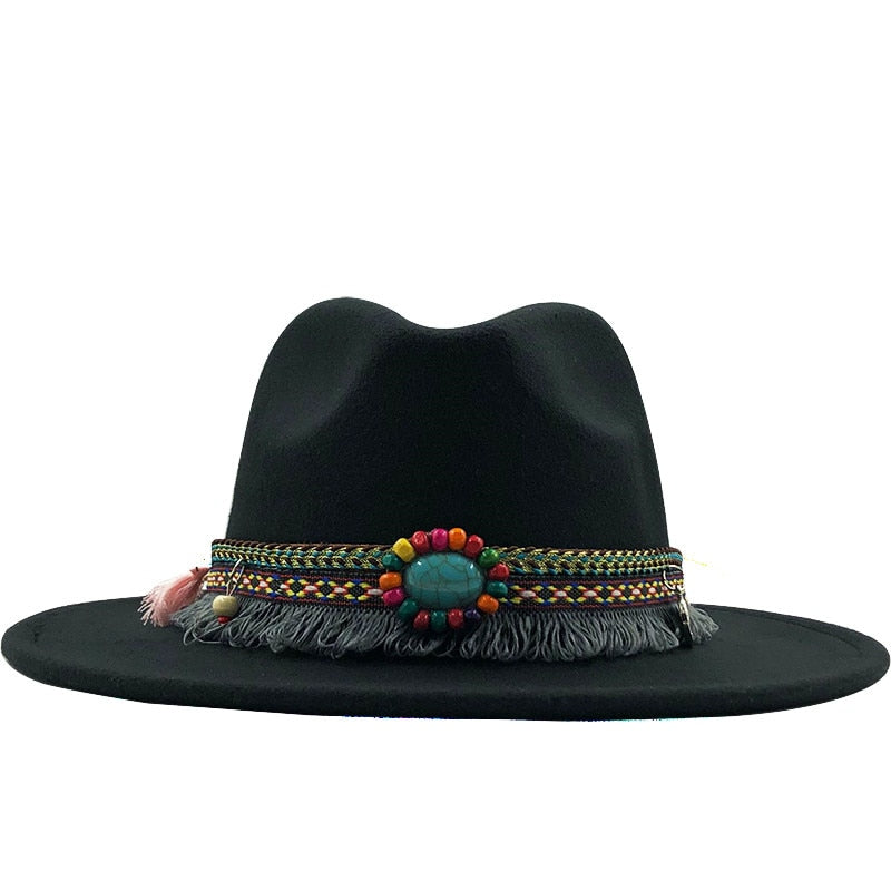 Wool Felt Fedora with Bohemian Tassel Strap - Men's Hat